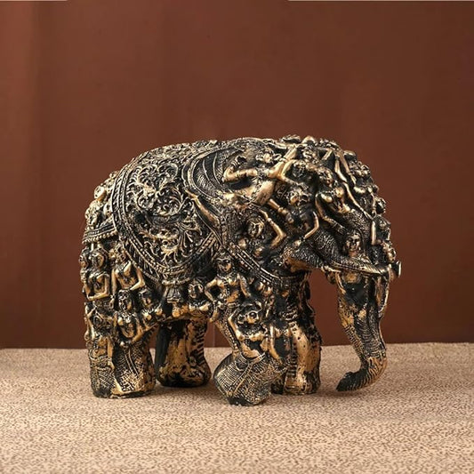 Magnificent Resin Elephant Statue with Carvings (Golden & Black)