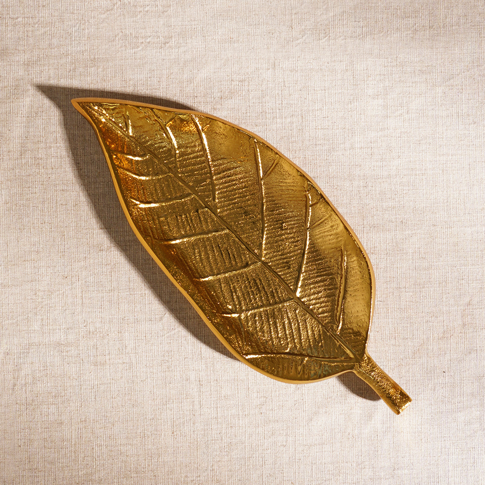 Gold Metal Long Leaf Decorative Platter - Large