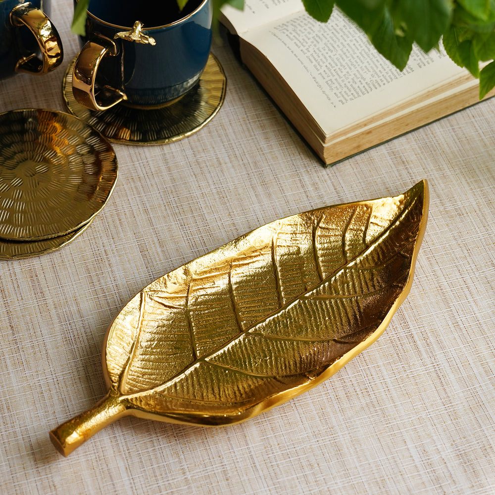 Gold Metal Long Leaf Decorative Platter - Large