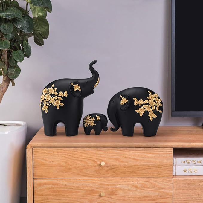 Black Resin Golden Flower Elephant - Nesting Homes