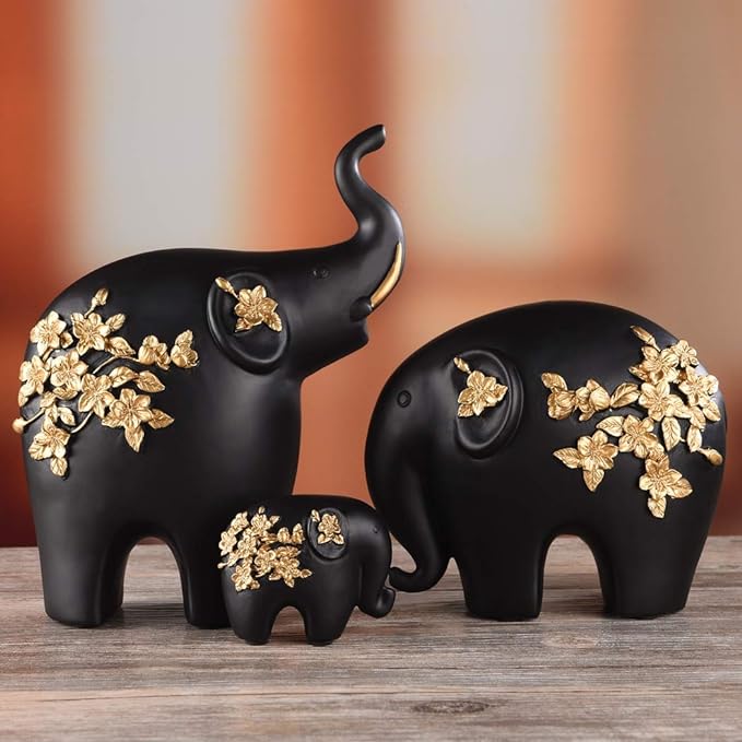 Black Resin Golden Flower Elephant - Nesting Homes