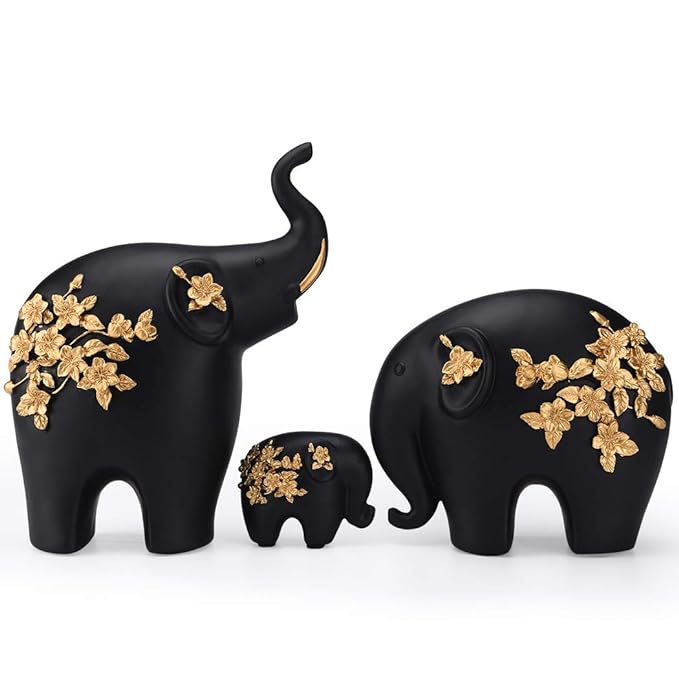 Black Resin Golden Flower Elephant - Nesting Homes