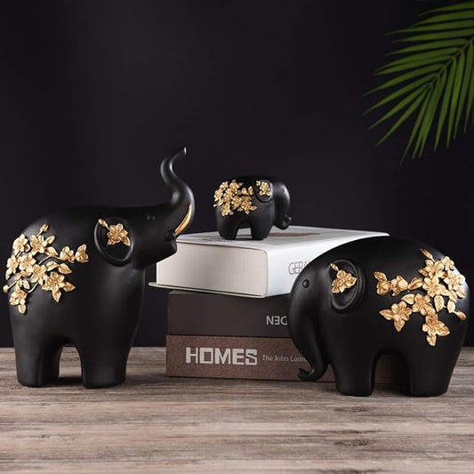 Black Resin Golden Flower Elephant - Nesting Homes